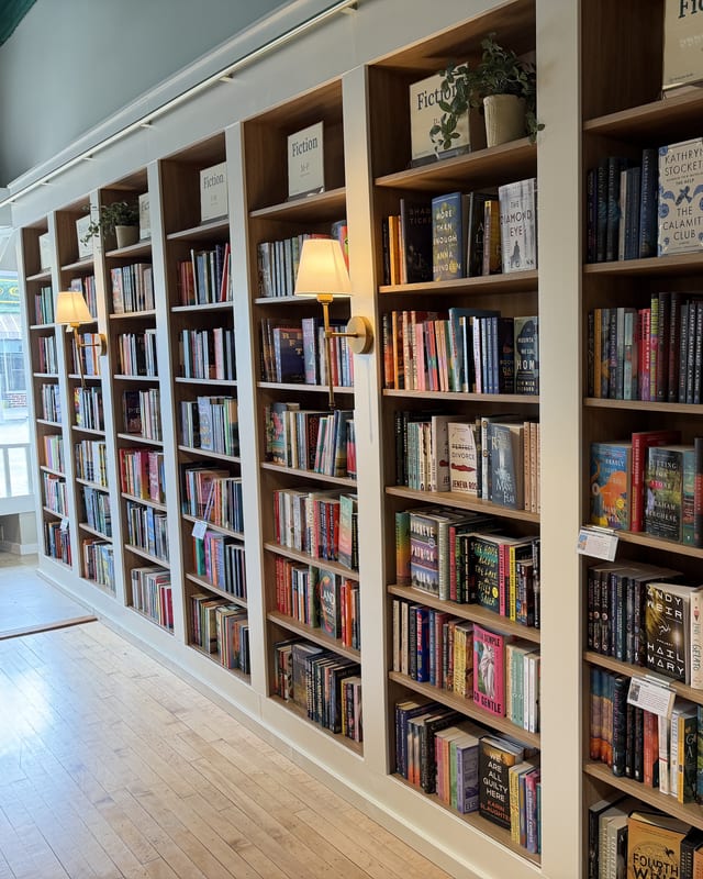 Floor-to-ceiling fiction shelves at Honeypot Books, lit by warm wall lamps above a wood floor